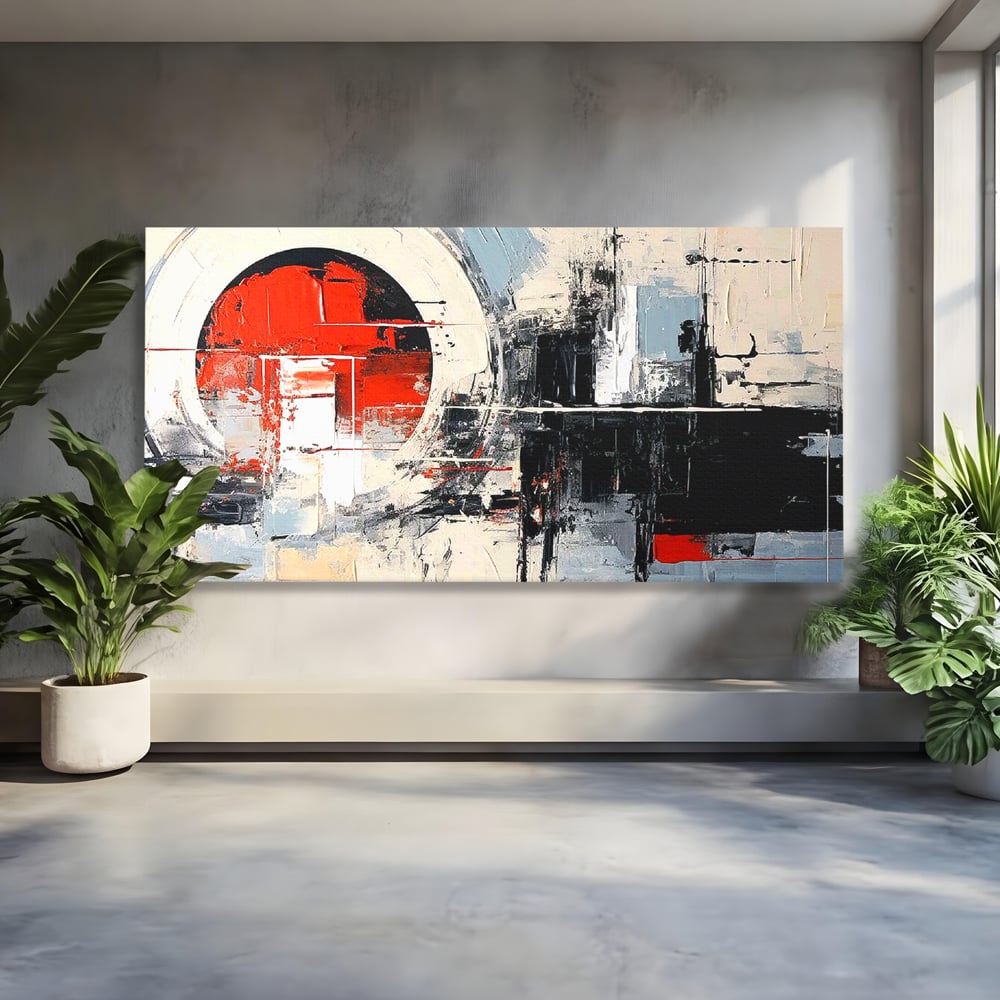 Tablou canvas cu tablou canvas cu cerc rosu si geometrie abstracta, fara rama, pe sasiu de lemn